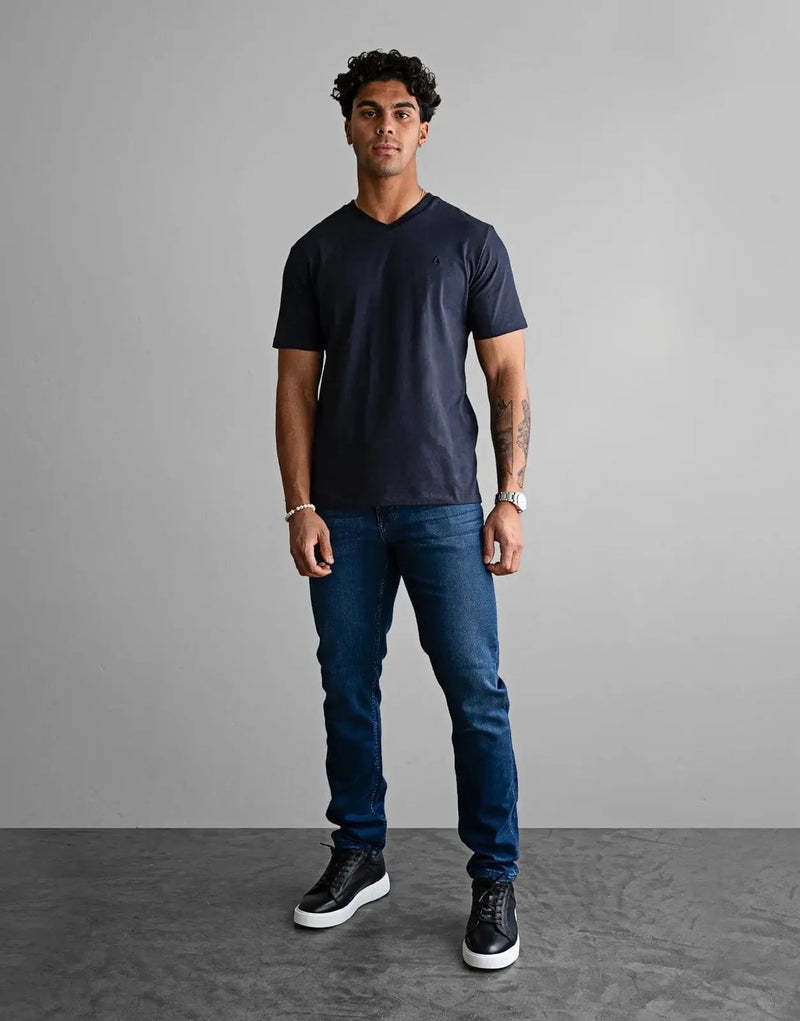 Fade Icon V-Neck Navy T-Shirt: Premium Cotton Elastane Blend, Slim Fit, Metal Badge Detail