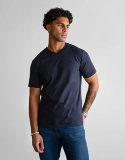 Fade Icon V-Neck Navy T-Shirt: Premium Cotton Elastane Blend, Slim Fit, Metal Badge Detail