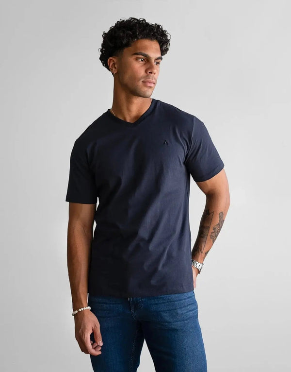 Fade Icon V-Neck Navy T-Shirt: Premium Cotton Elastane Blend, Slim Fit, Metal Badge Detail