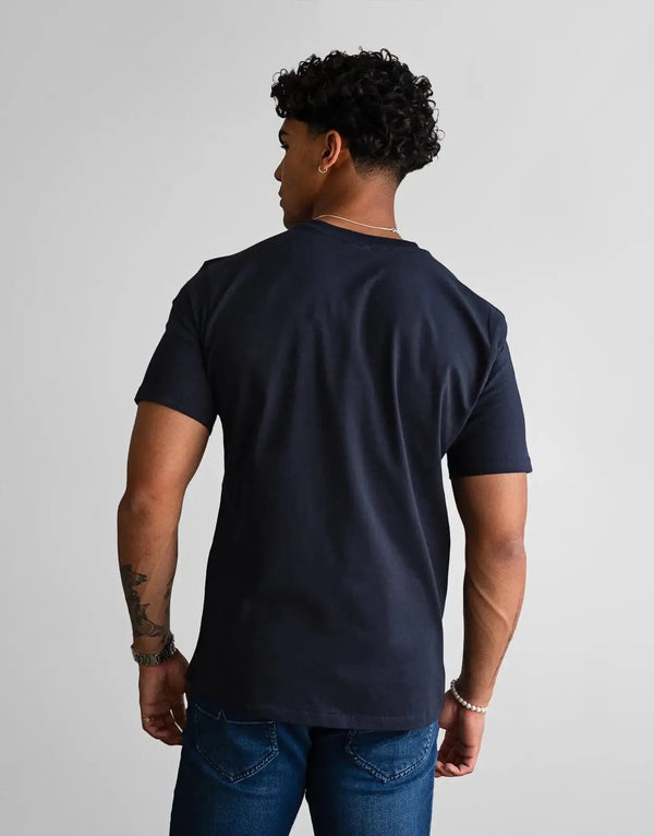 Fade Icon V-Neck Navy T-Shirt: Premium Cotton Elastane Blend, Slim Fit, Metal Badge Detail