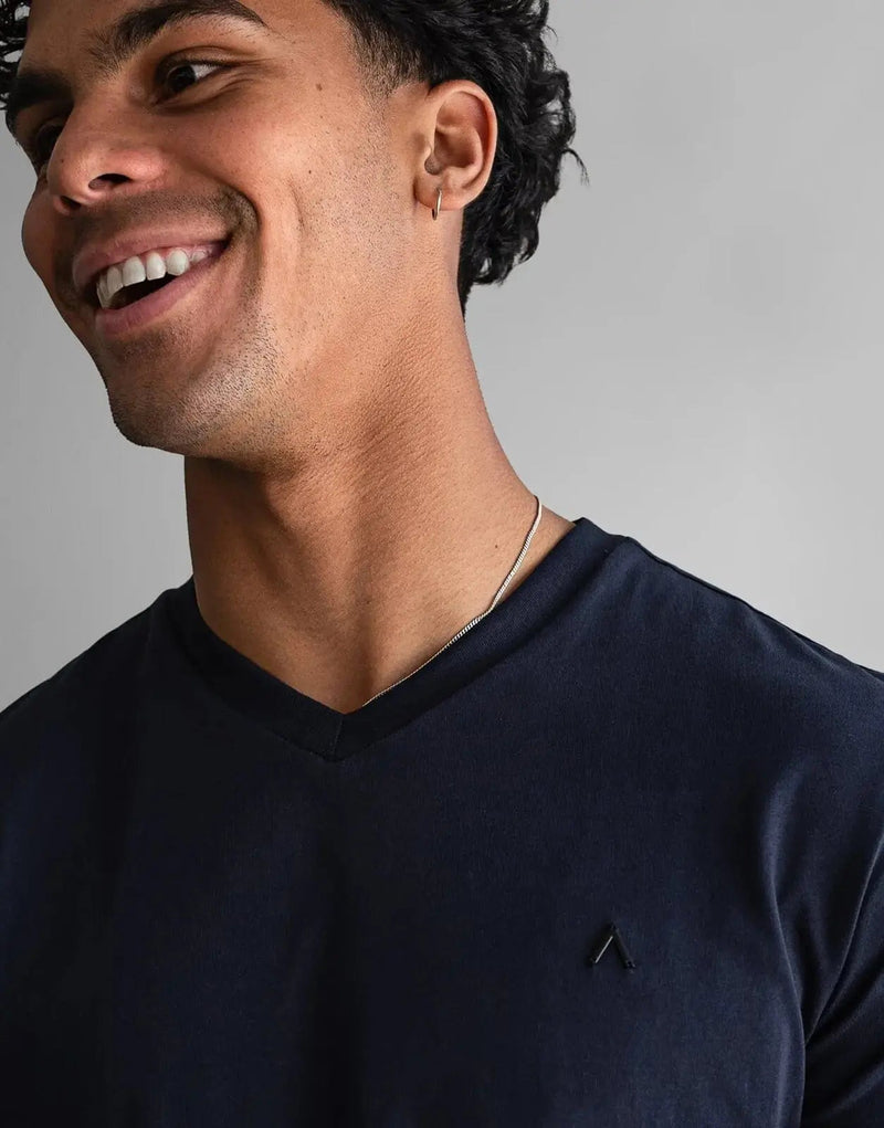 Fade Icon V-Neck Navy T-Shirt: Premium Cotton Elastane Blend, Slim Fit, Metal Badge Detail