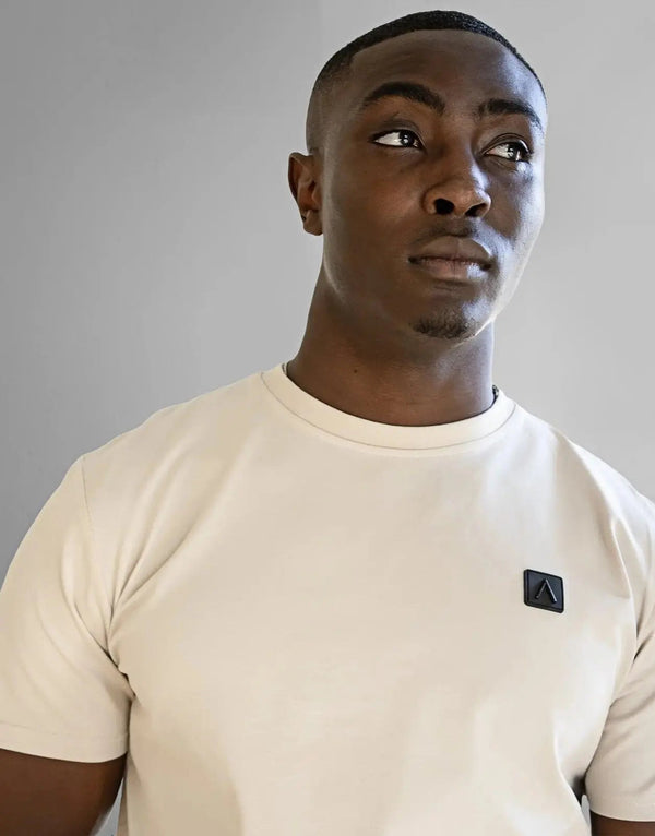 Fade Iconic Badge Stone T-Shirt: Premium Cotton Spandex Blend, Modern Fit Comfort