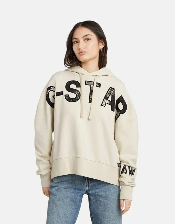 G-Star RAW Men's Embroidered Print Oversized Hoodie Chalk White Cotton Blend