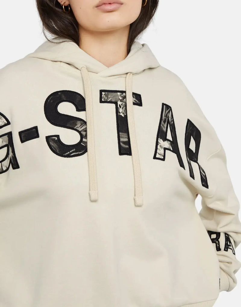 G-Star RAW Men's Embroidered Print Oversized Hoodie Chalk White Cotton Blend