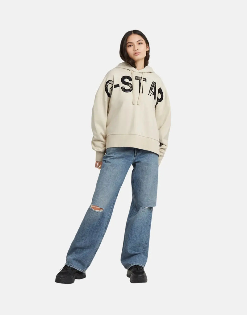G-Star RAW Men's Embroidered Print Oversized Hoodie Chalk White Cotton Blend