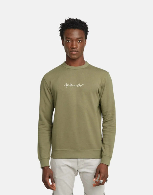 G-Star RAW Men's Organic Cotton G-Script Logo Ensis Green Crewneck Sweatshirt