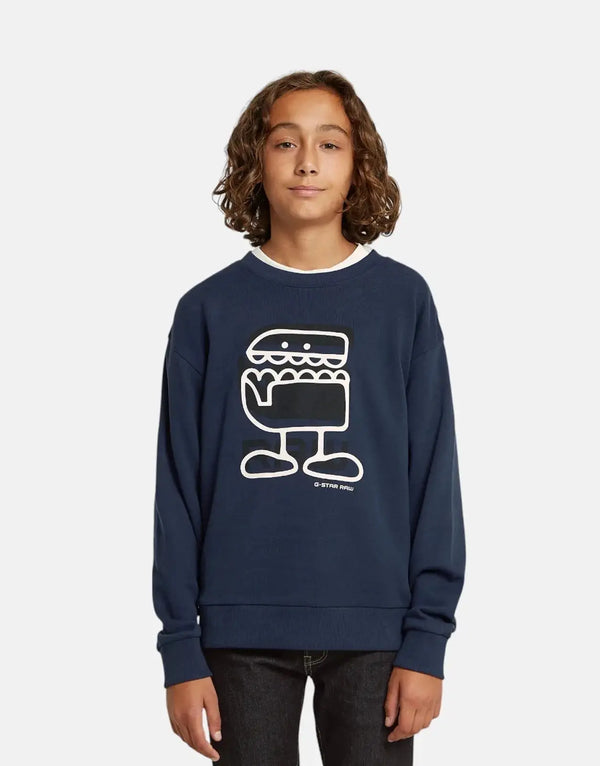 G-Star RAW Kids Comic Sartho Blue Organic Cotton Loose Sweater - Playful Graphic Design