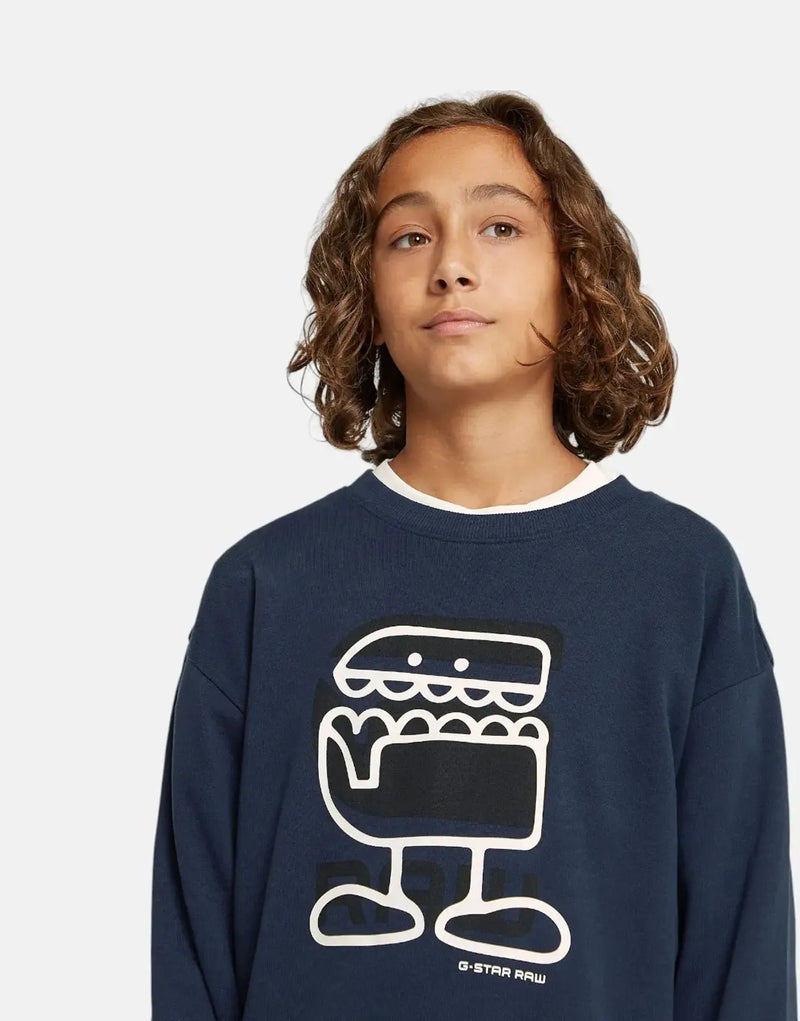G-Star RAW Kids Comic Sartho Blue Organic Cotton Loose Sweater - Playful Graphic Design