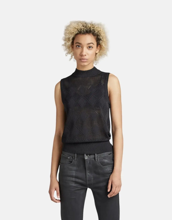 G-Star RAW Women's Pointelle Mock Knitted Caviar Sweater Sleeveless Top