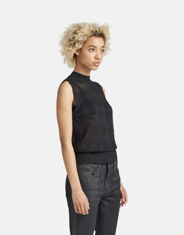 G-Star RAW Women's Pointelle Mock Knitted Caviar Sweater Sleeveless Top