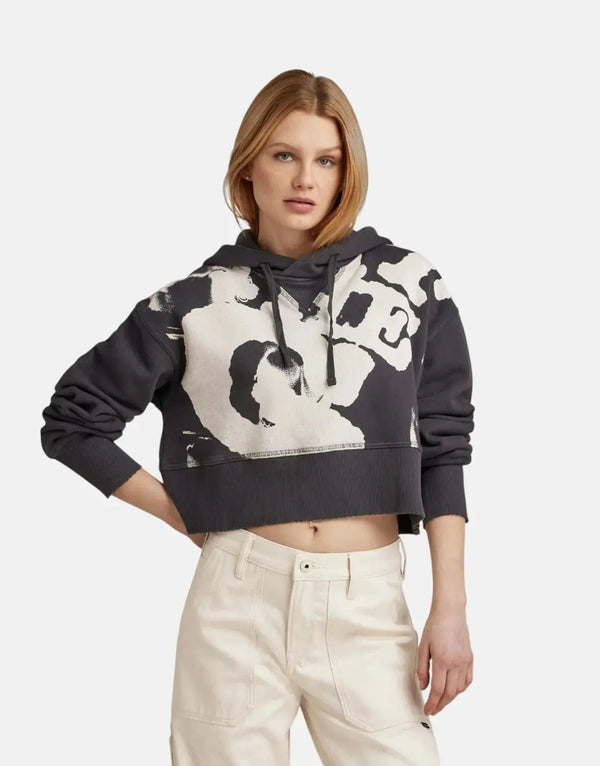 G-Star RAW Women's Vintage Cropped Graphic Loose Grey Hooded Sweater Comfort Fit