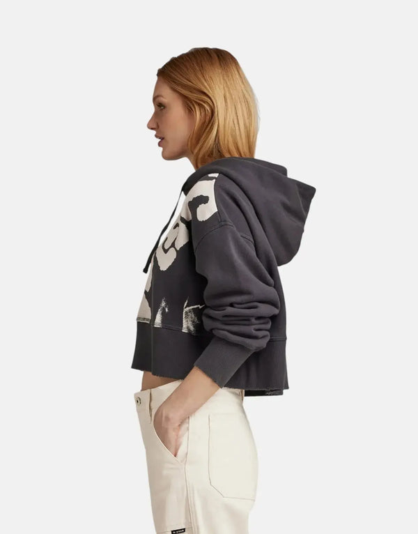 G-Star RAW Women's Vintage Cropped Graphic Loose Grey Hooded Sweater Comfort Fit