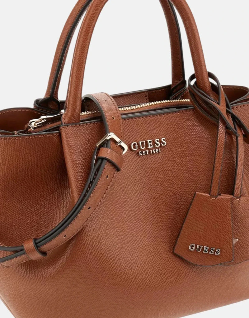 Guess Amorette Girlfriend Satchel Bag Faux Leather Cognac Brown Chic Everyday Handbag