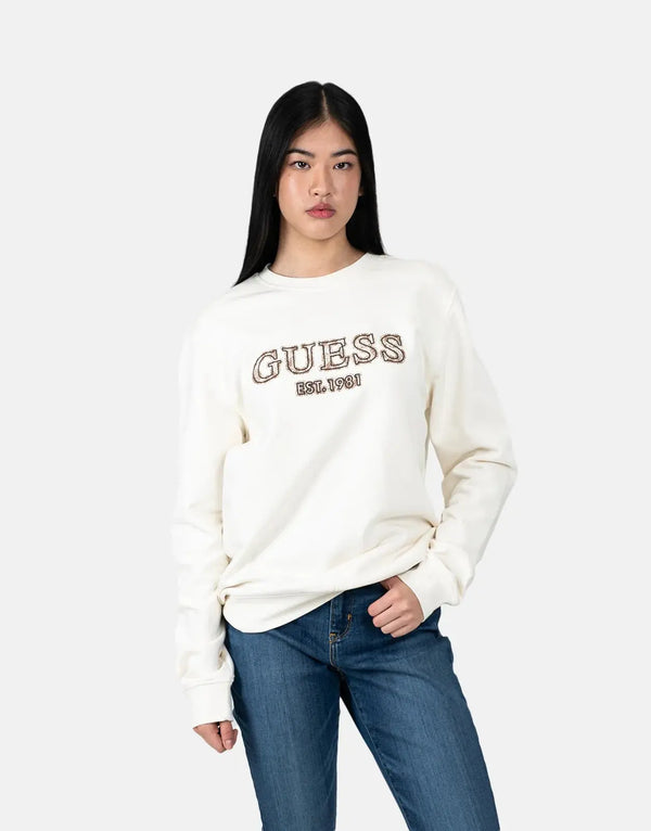 Guess Men's Classic Cream Logo Pullover Sweatshirt - Soft Cotton Blend Comfort