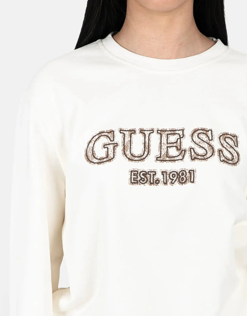 Guess Men's Classic Cream Logo Pullover Sweatshirt - Soft Cotton Blend Comfort