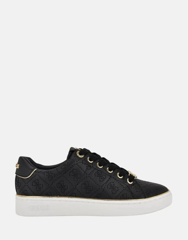 Guess Beary Black Faux-Leather Low-Top Sneakers with Metallic Emblem & Rubber Sole