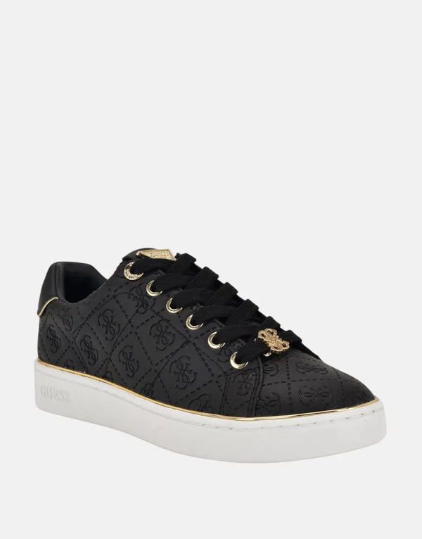 Guess Beary Black Faux-Leather Low-Top Sneakers with Metallic Emblem & Rubber Sole
