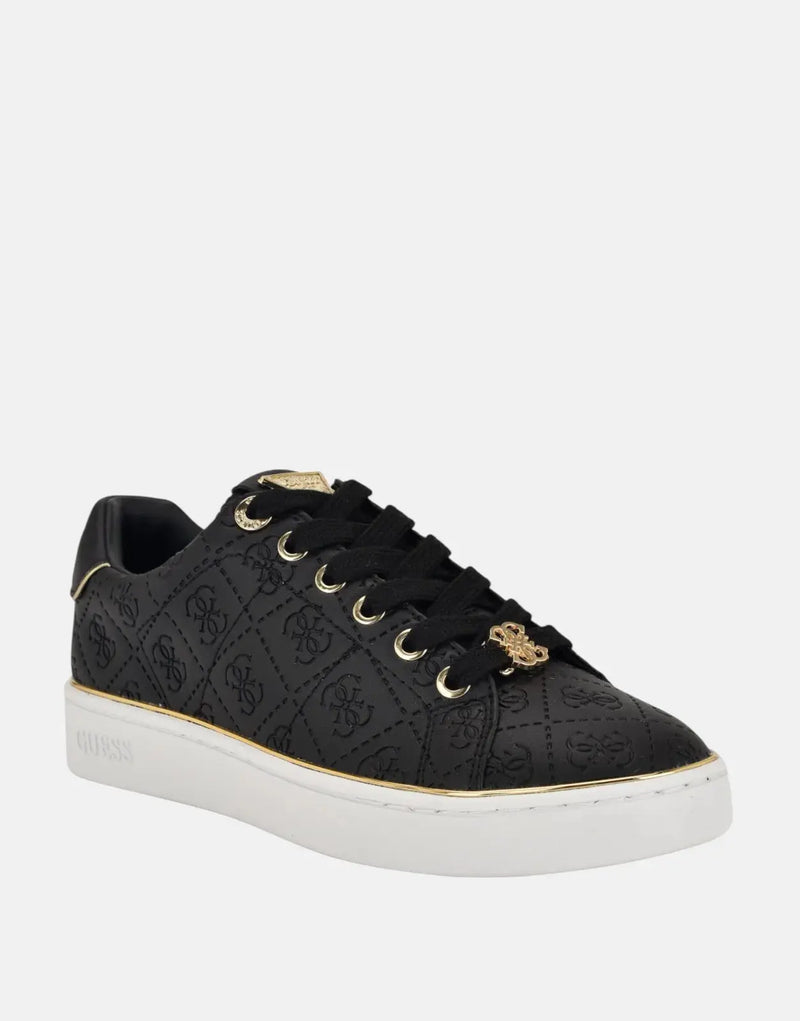 Guess Beary Black Faux-Leather Low-Top Sneakers with Metallic Emblem & Rubber Sole