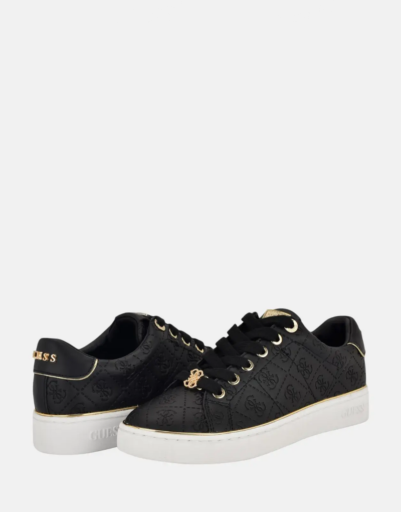 Guess Beary Black Faux-Leather Low-Top Sneakers with Metallic Emblem & Rubber Sole