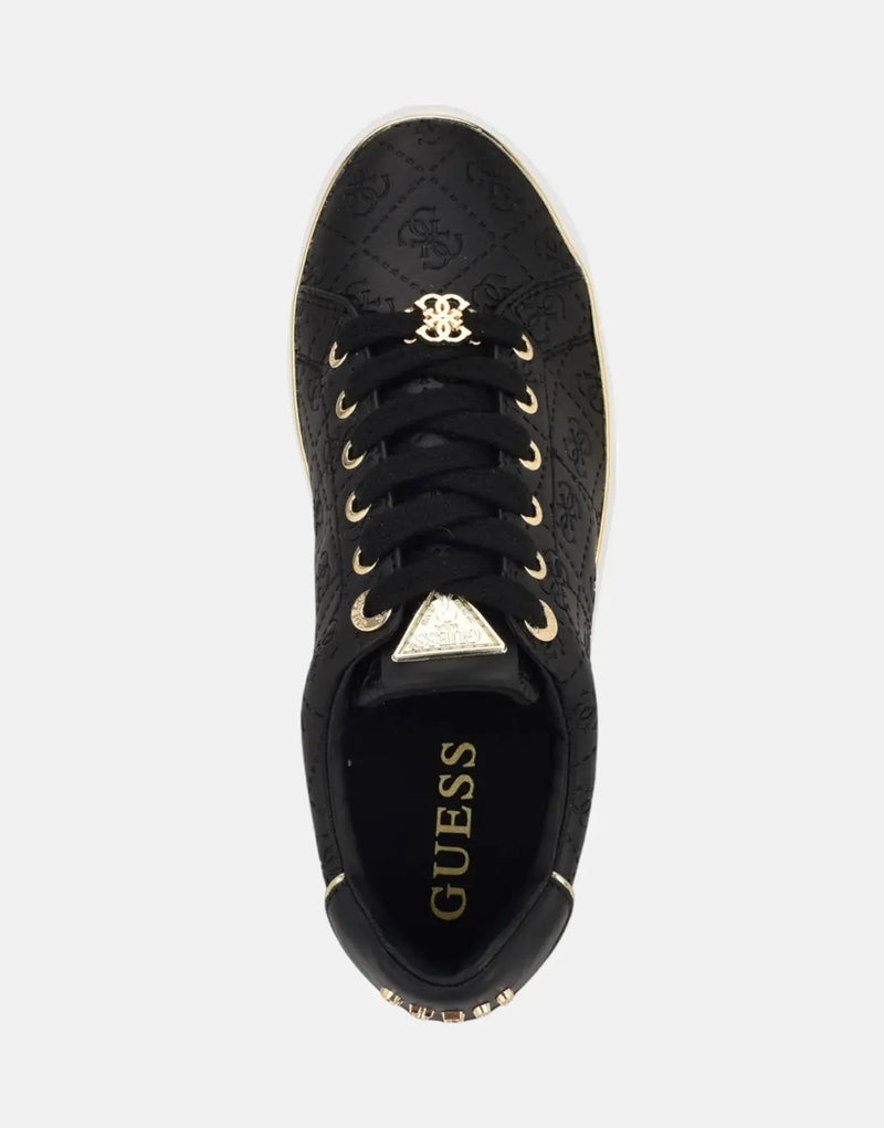 Guess Beary Black Faux-Leather Low-Top Sneakers with Metallic Emblem & Rubber Sole