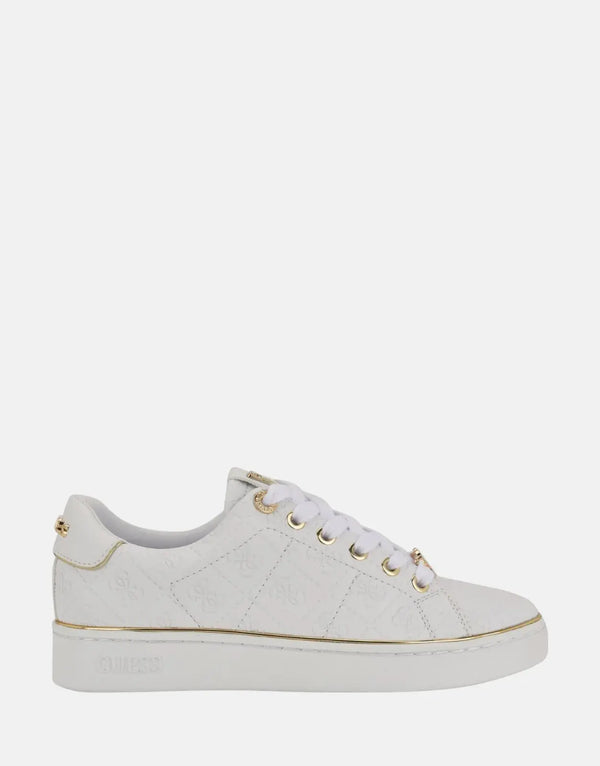 Guess Beary White Faux-Leather Low-Top Sneakers with Metallic Logo Detail