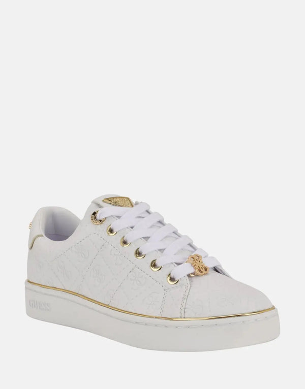 Guess Beary White Faux-Leather Low-Top Sneakers with Metallic Logo Detail