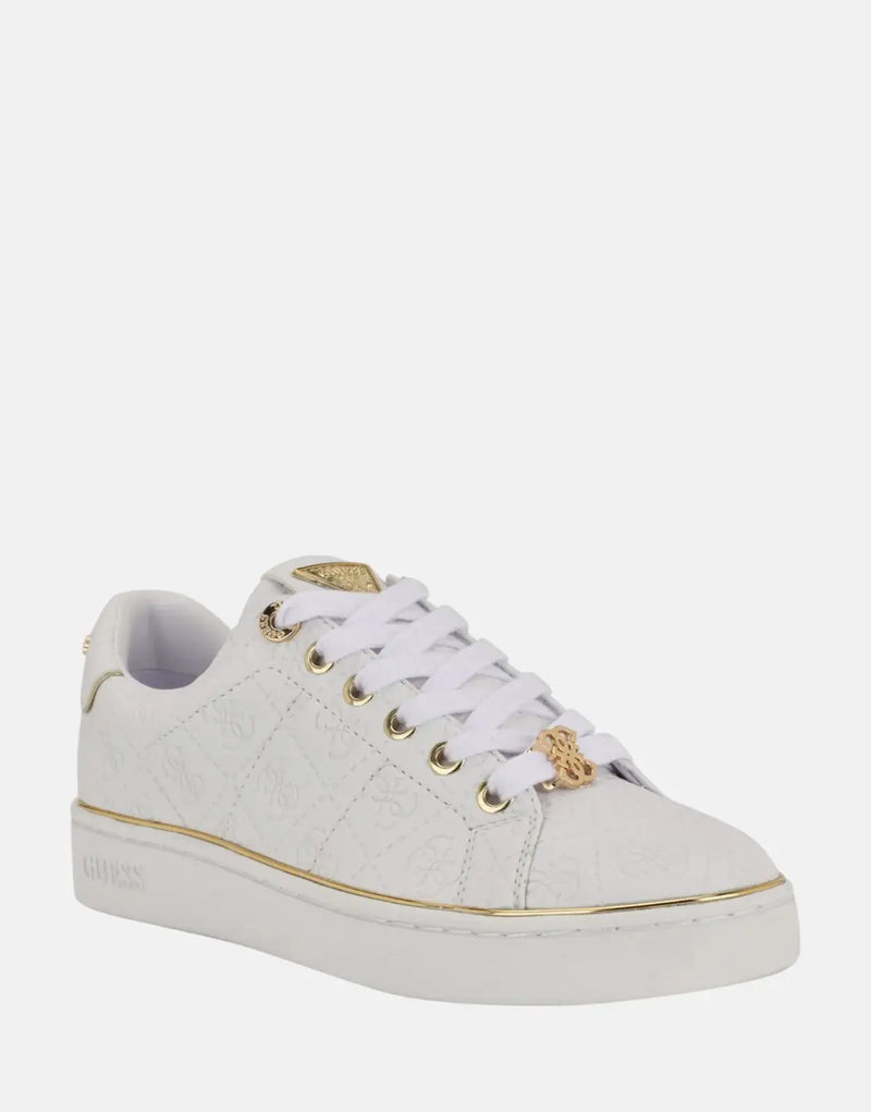 Guess Beary White Faux-Leather Low-Top Sneakers with Metallic Logo Detail