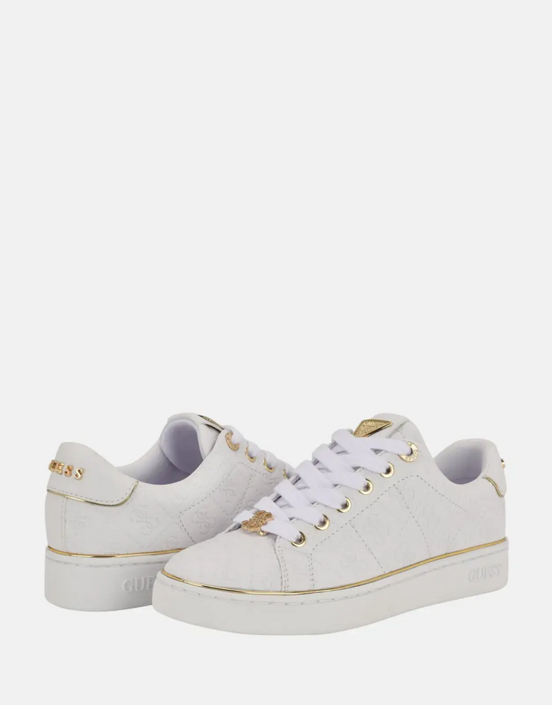 Guess Beary White Faux-Leather Low-Top Sneakers with Metallic Logo Detail