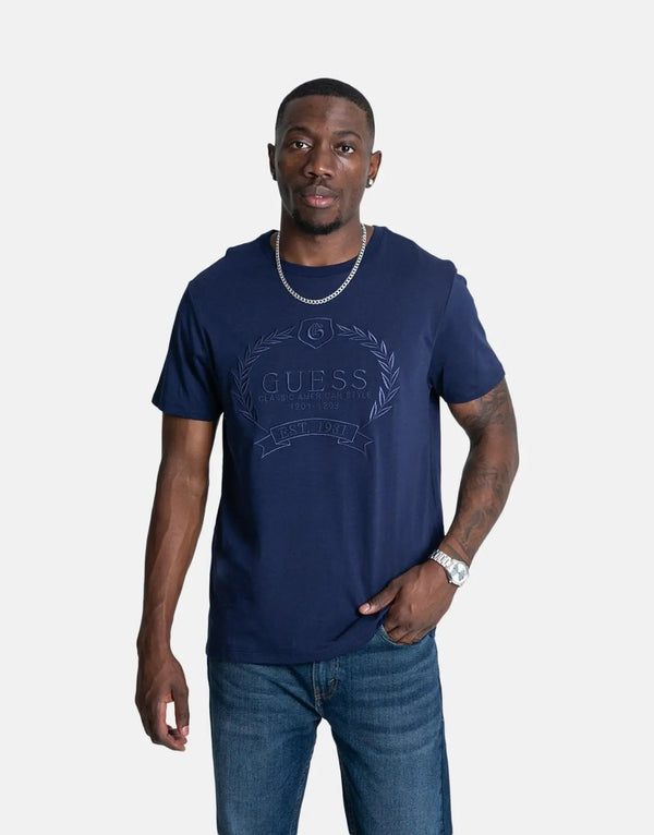 Guess Men's Classic Crest Logo T-Shirt - Premium Dark Blue Cotton Style