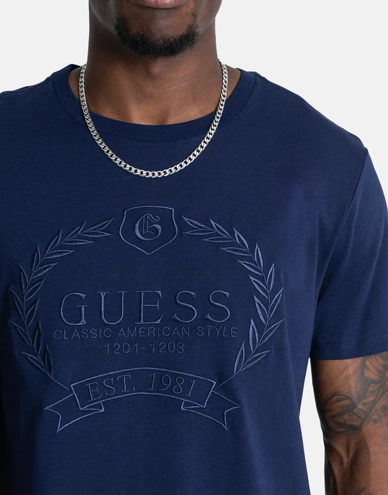 Guess Men's Classic Crest Logo T-Shirt - Premium Dark Blue Cotton Style