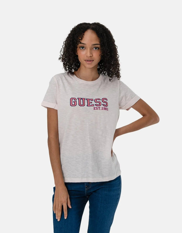 Stylish Women's Guess Pink College Logo T-Shirt for Casual Wear