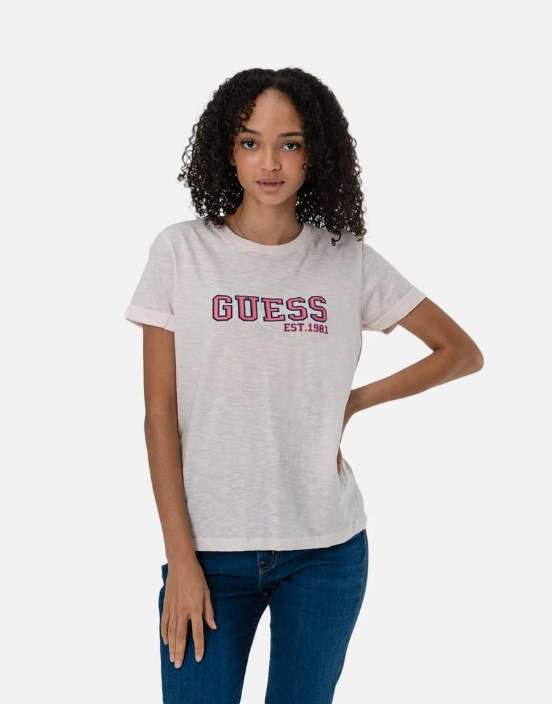 Stylish Women's Guess Pink College Logo T-Shirt for Casual Wear