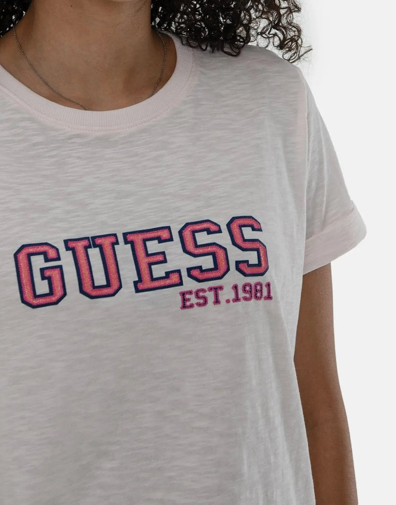 Stylish Women's Guess Pink College Logo T-Shirt for Casual Wear