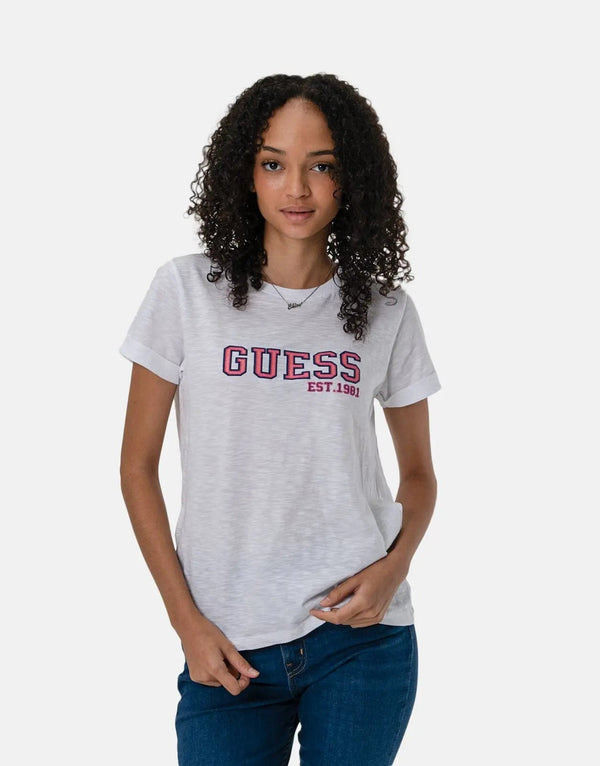 Stylish Guess College White Cotton Blend T-Shirt with Bold Logo Graphic