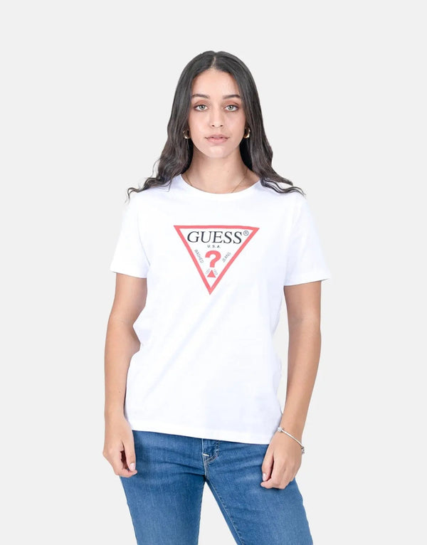 Guess Women's Classic White Crew Neck T-Shirt - Original Logo, Soft Cotton Blend