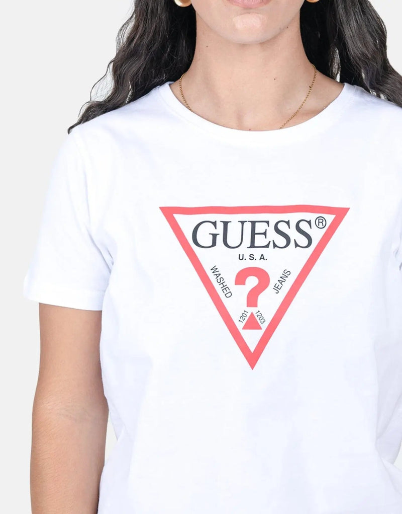Guess Women's Classic White Crew Neck T-Shirt - Original Logo, Soft Cotton Blend