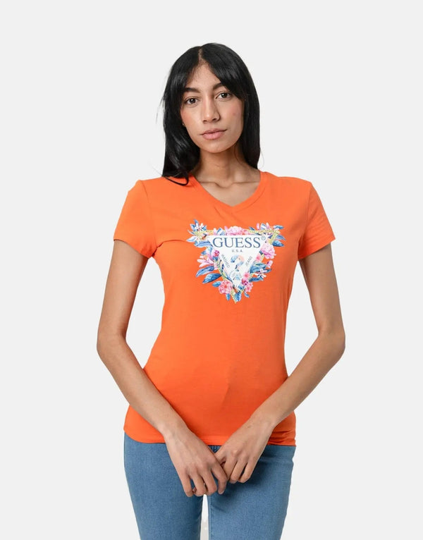 Vibrant Guess Women's Floral Tri T-Shirt in Orange – Soft Cotton Relaxed Fit