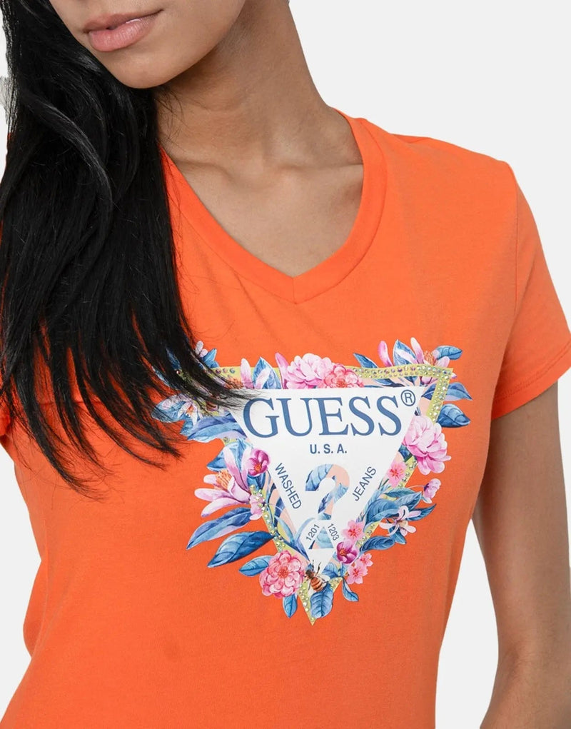 Vibrant Guess Women's Floral Tri T-Shirt in Orange – Soft Cotton Relaxed Fit