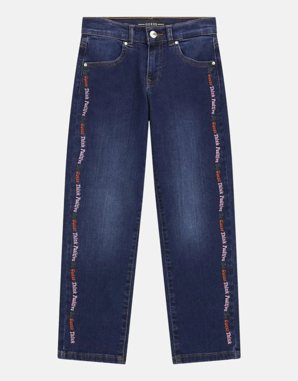 Guess Kids Blue Straight Leg Denim Jeans with Embroidery - Cotton Blend