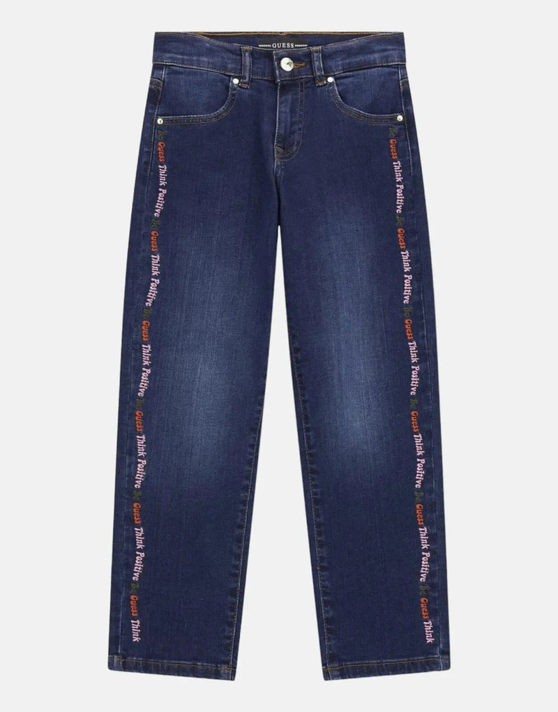Guess Kids Blue Straight Leg Denim Jeans with Embroidery - Cotton Blend
