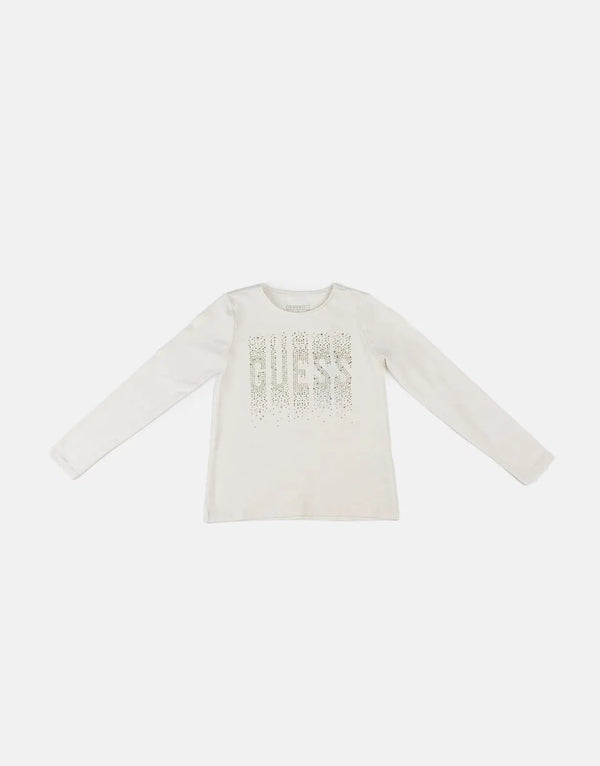 Guess Kids Girls' Sparkle Logo Cotton T-Shirt - White Crystal Embellished