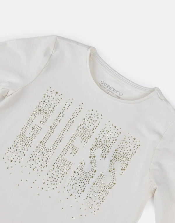 Guess Kids Girls' Sparkle Logo Cotton T-Shirt - White Crystal Embellished