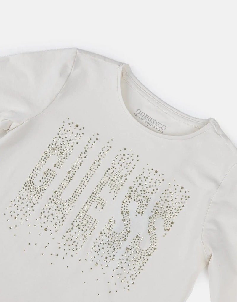 Guess Kids Girls' Sparkle Logo Cotton T-Shirt - White Crystal Embellished