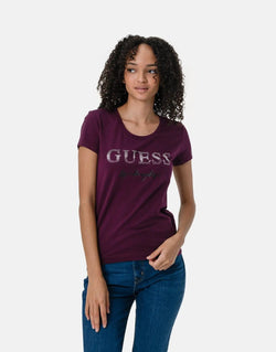 Guess Women's Purple Logo Micro Stud T-Shirt: Soft Cotton, Elegant Embellishments