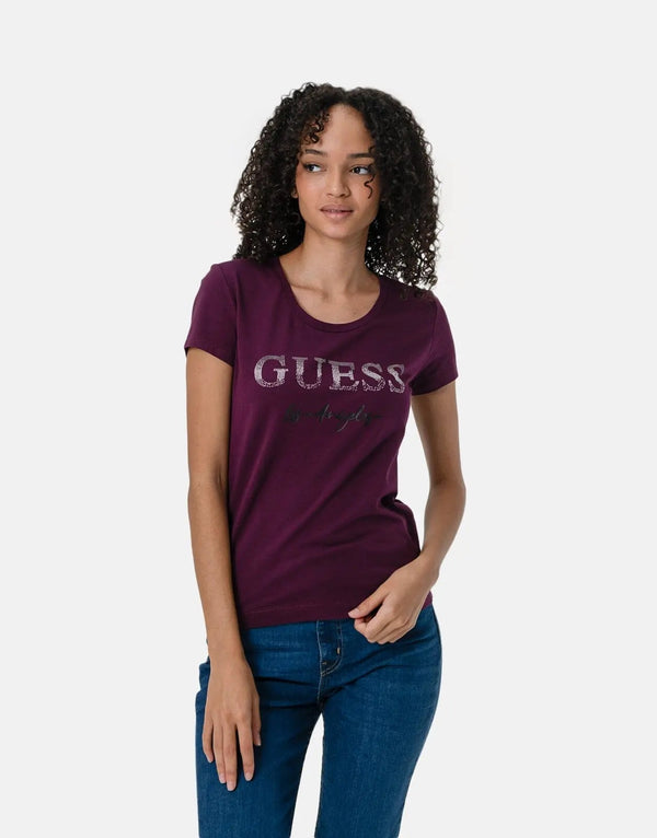 Guess Women's Purple Logo Micro Stud T-Shirt: Soft Cotton, Elegant Embellishments