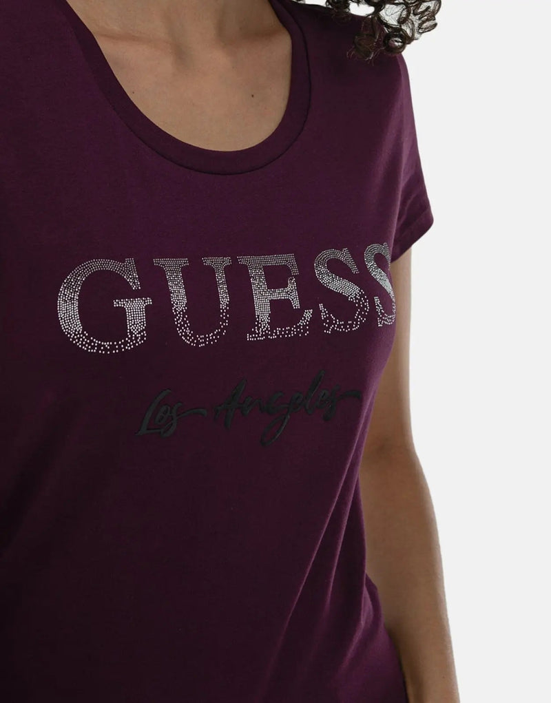 Guess Women's Purple Logo Micro Stud T-Shirt: Soft Cotton, Elegant Embellishments