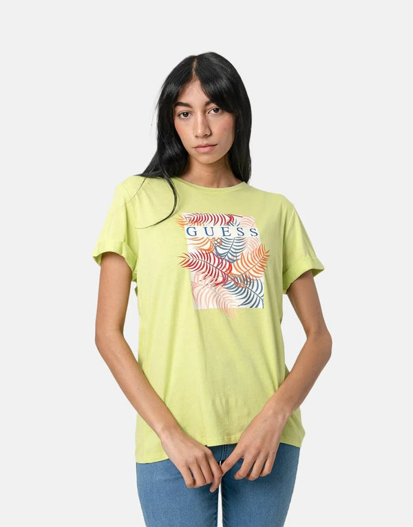 Guess Women's Vibrant Palm Print Casual Summer Tee Shirt