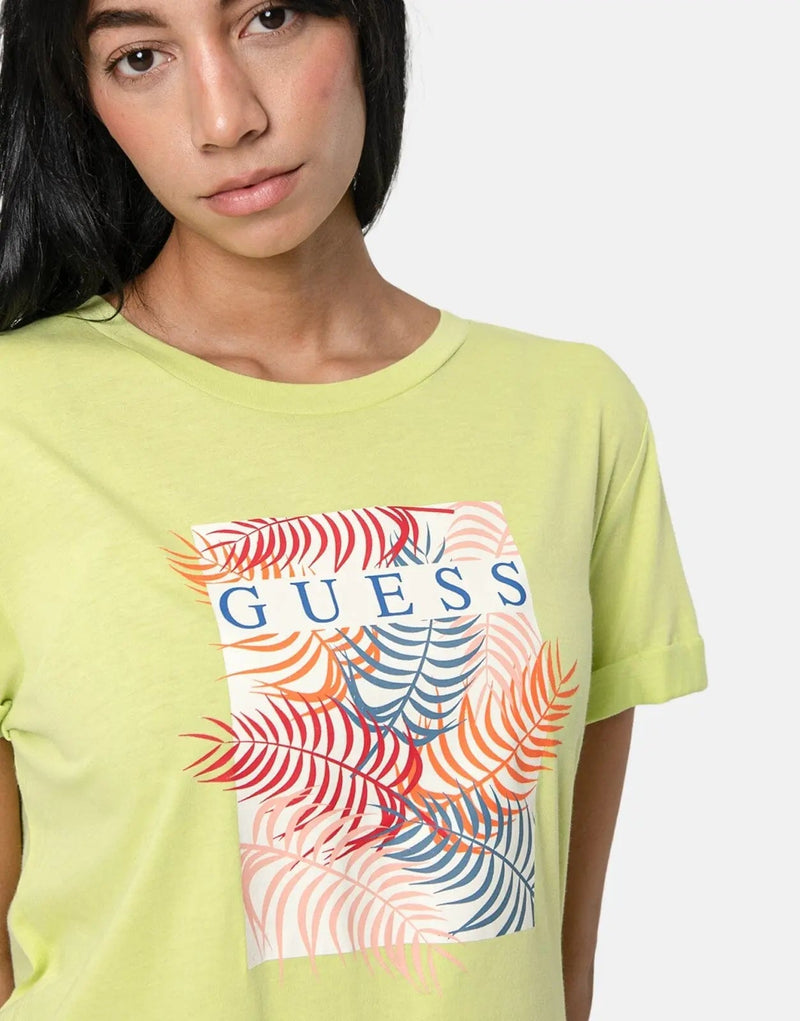 Guess Women's Vibrant Palm Print Casual Summer Tee Shirt