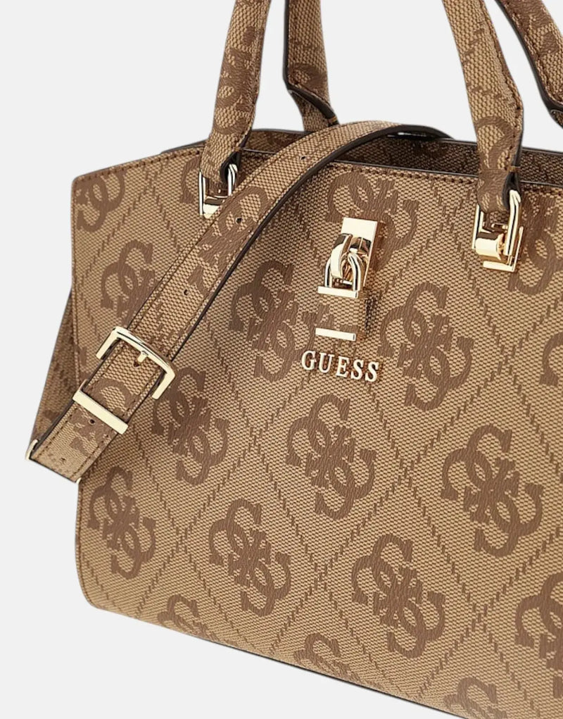 Chic Guess Queensland Faux Leather Satchel: Stylish Everyday Handbag with Gold Accents