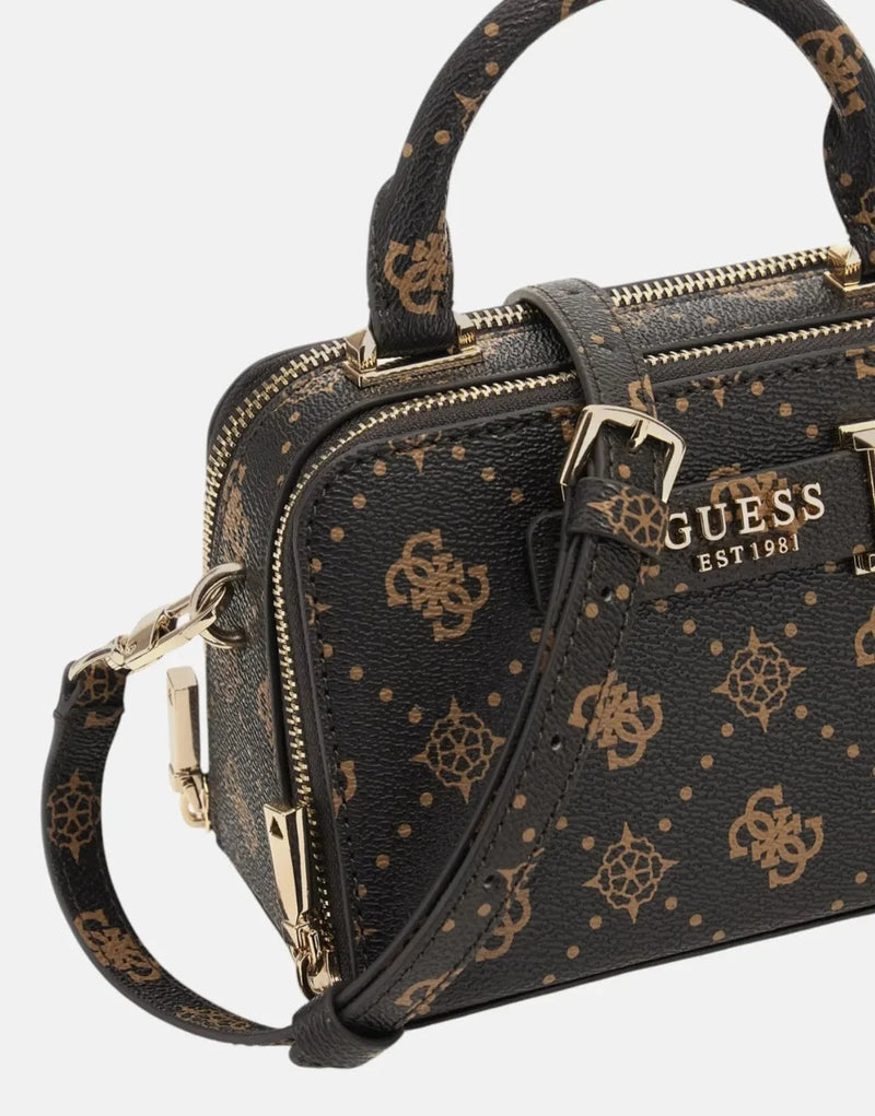 Guess Silia Mini ESL Brown Satchel Bag: Stylish Compact Dual-Zip Crossbody Handbag